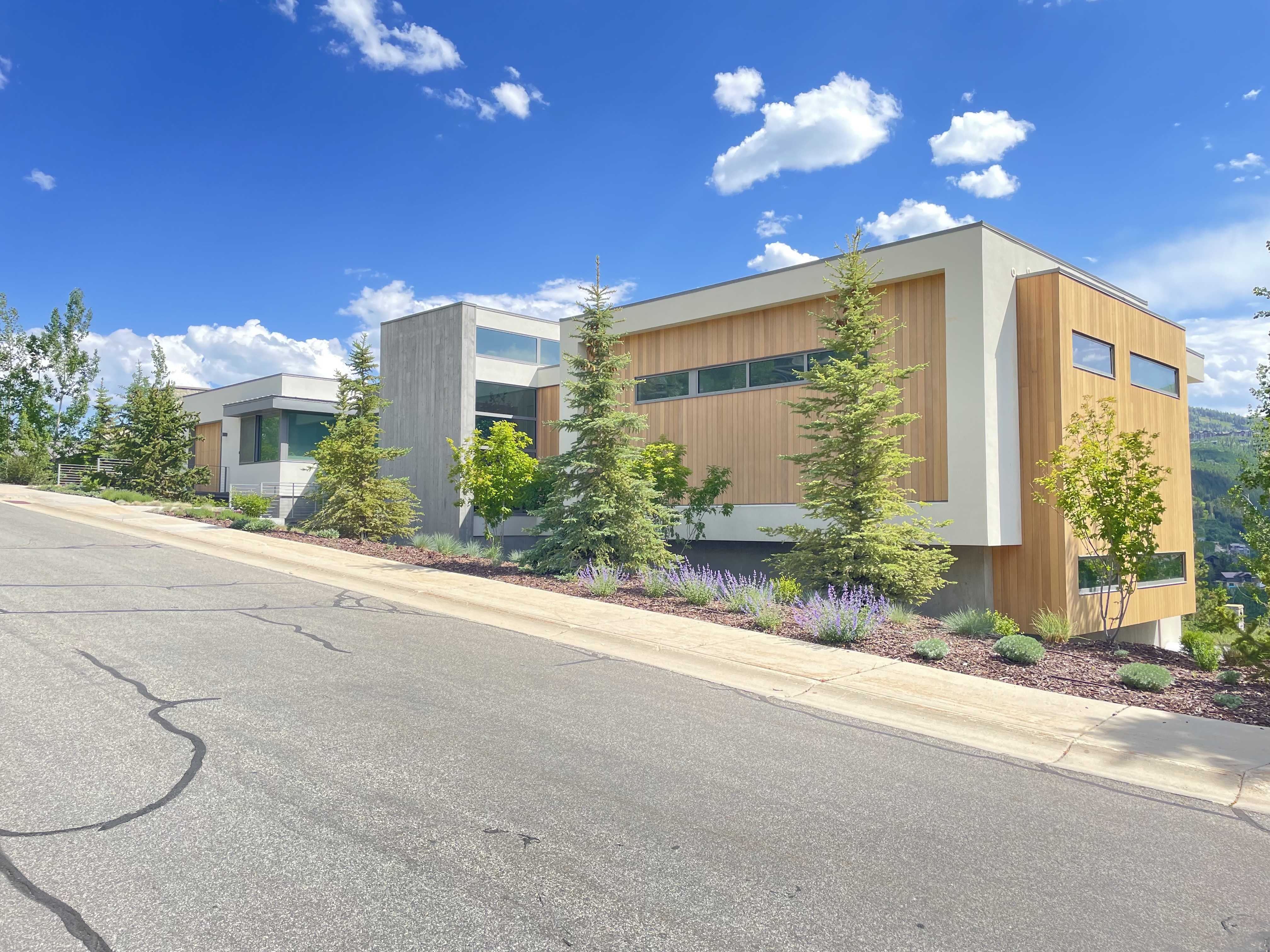 Modern homes with light natural cedar wood siding, street view — Park City, Utah